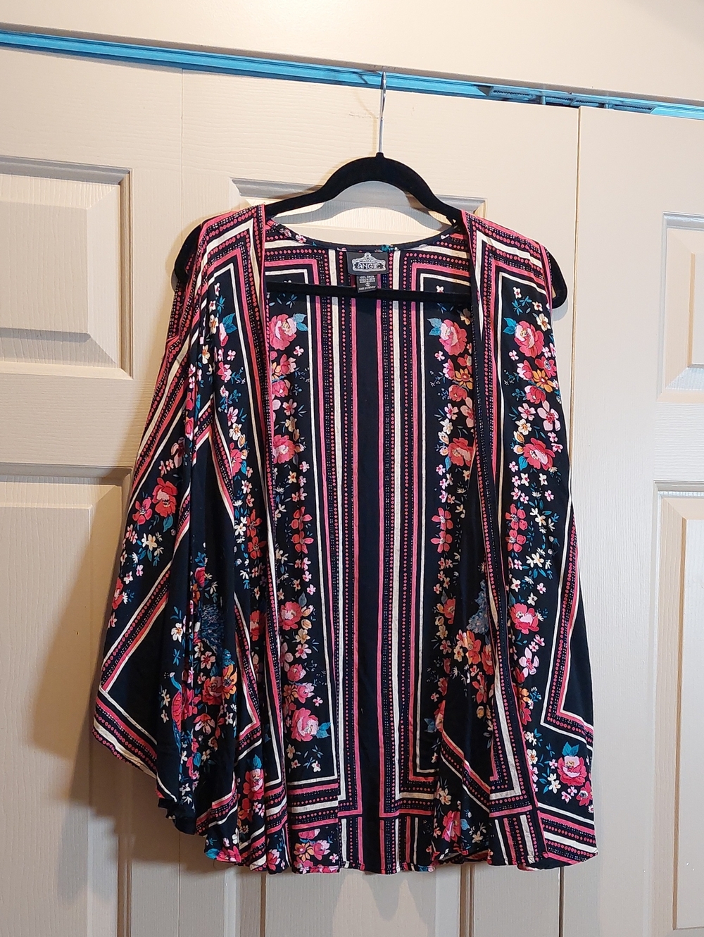 Angie Black Floral-Stripe Open Front Kimono